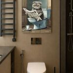 Gazete Okuyan Kedi Dekoratif Banyo Tablosu