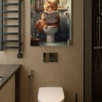 Gazete Okuyan Kedi Dekoratif Banyo Tablosu